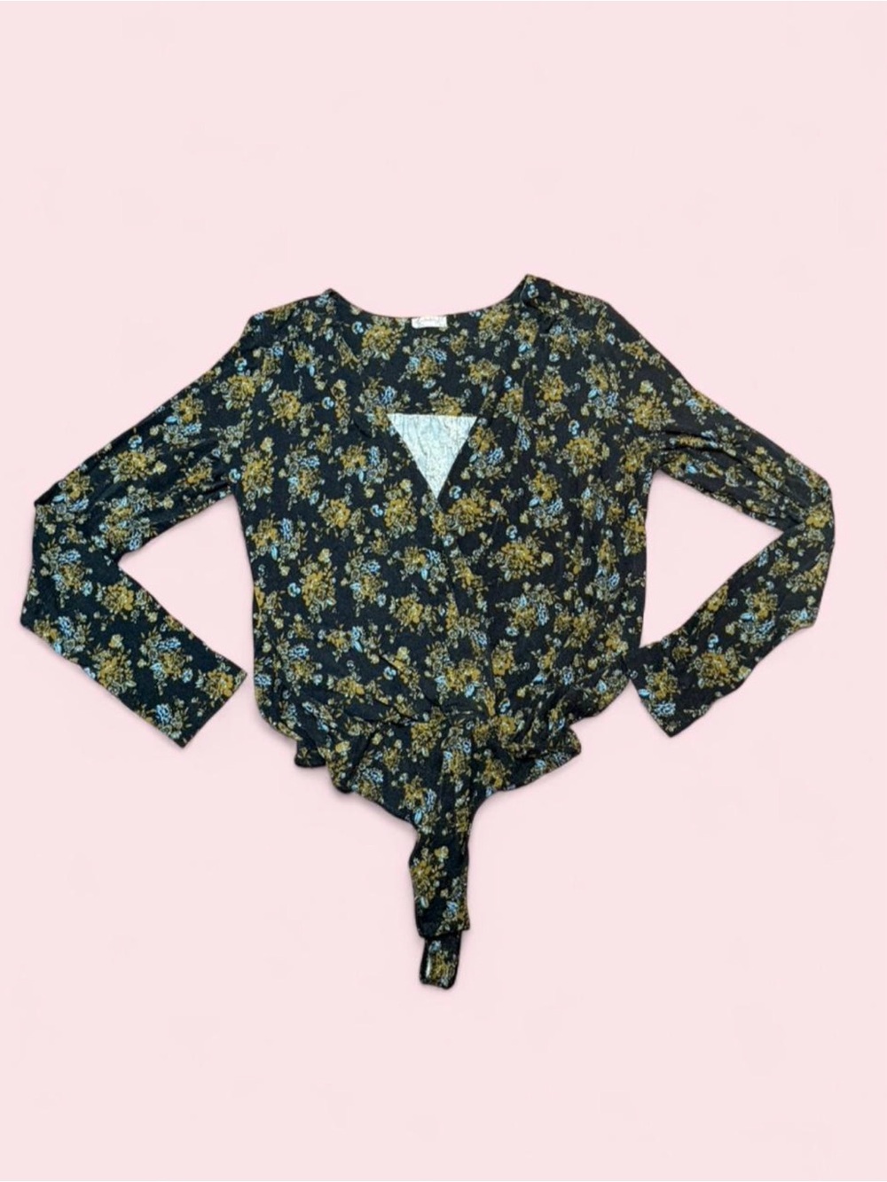 Intimately Free People Black Floral Surplice Long Sleeve Bodysuit L Boho Top